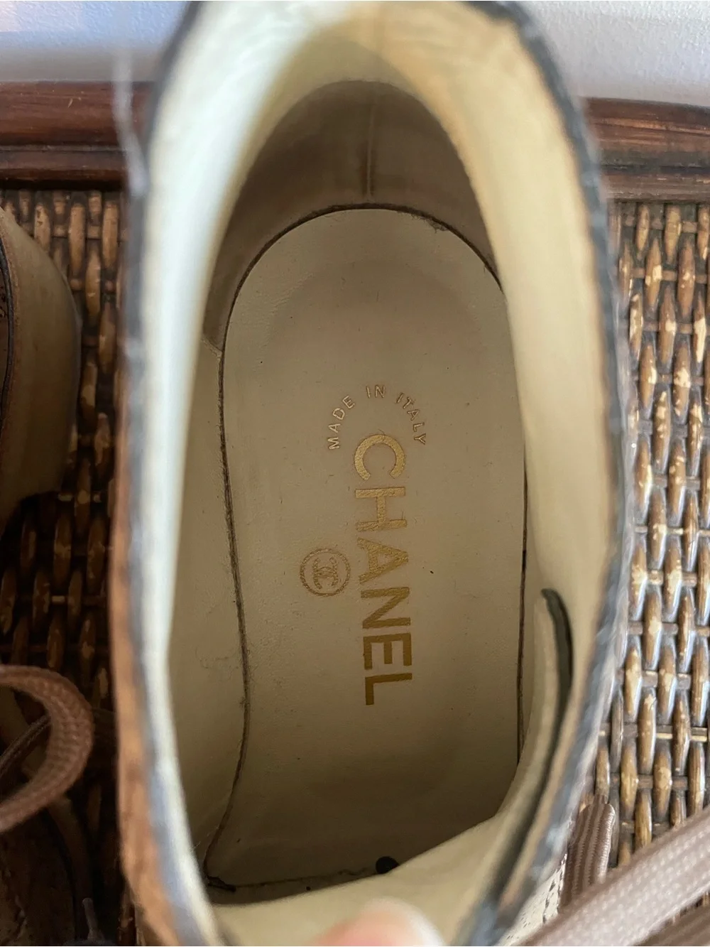CHANEL Tan Cork Lace-Up Ankle Boots